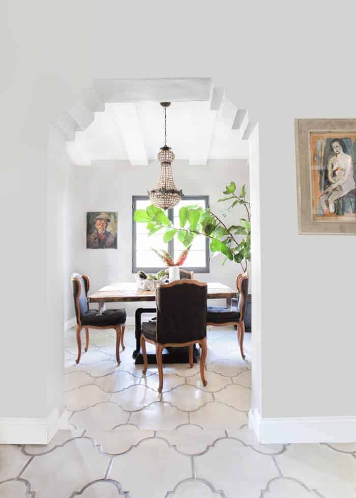 Emily Henderson_French Rustic Dining Room Crystal Chandelier Concrete Tile California Casual_overall pulled back