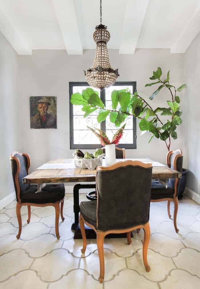Emily Henderson_French Rustic Dining Room Crystal Chandelier Concrete Tile California Casual_overall