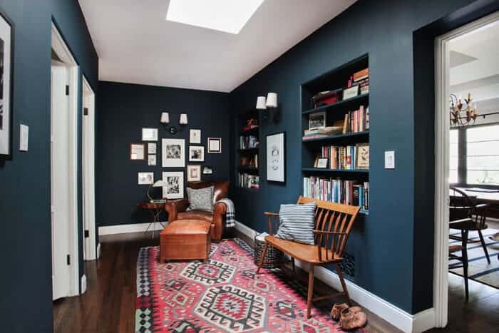 Emily Henderson_Hague Blue Reading Nook_Leather Chair_Gallery Wall_Bookshelves