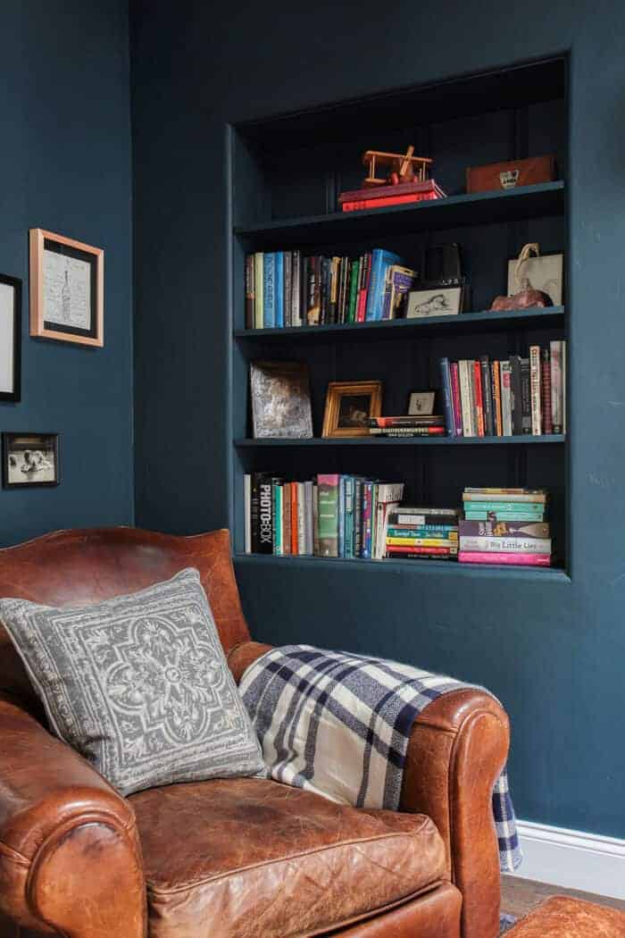 Emily Henderson_Hague Blue Reading Nook_Leather Chair_Gallery Wall_Bookshelves3