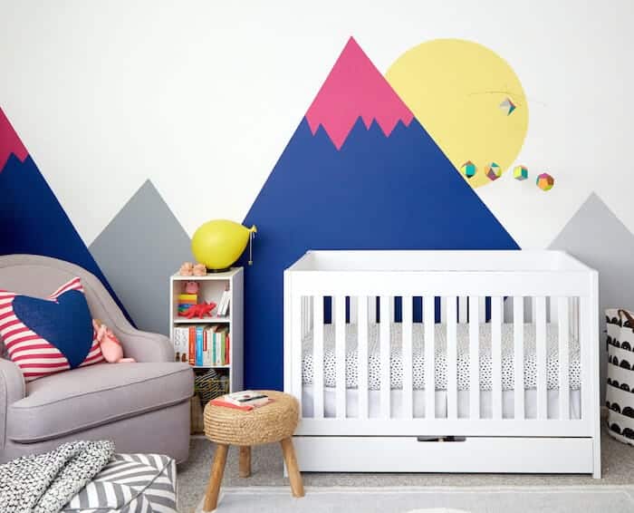 Oh Joy Nursery_Emily Henderson_Mountains_Mural_Pink_Blue_Grey_Bedroom