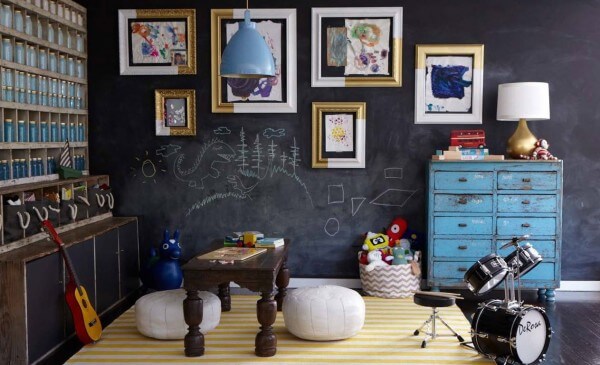 Playroom_Chalkboard Wall_Mason Jar Installation_Blue_Yellow_Emily Henderson_Nursery_Patel